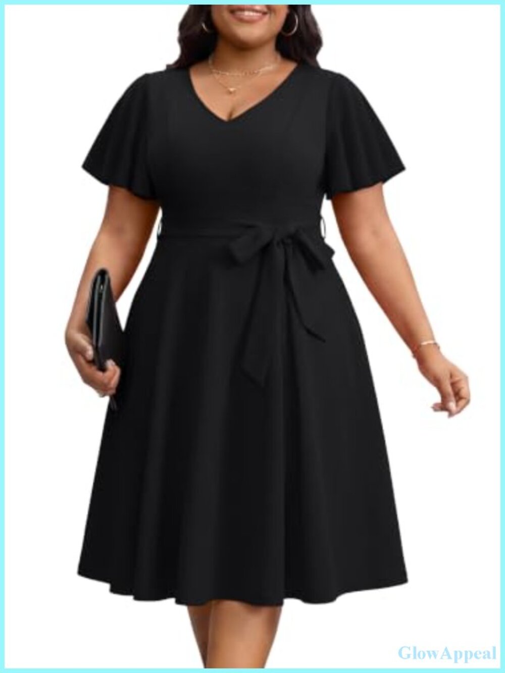 Plus Size Midi Dress with Pockets V-Neck Ruffle Sleeve Casual